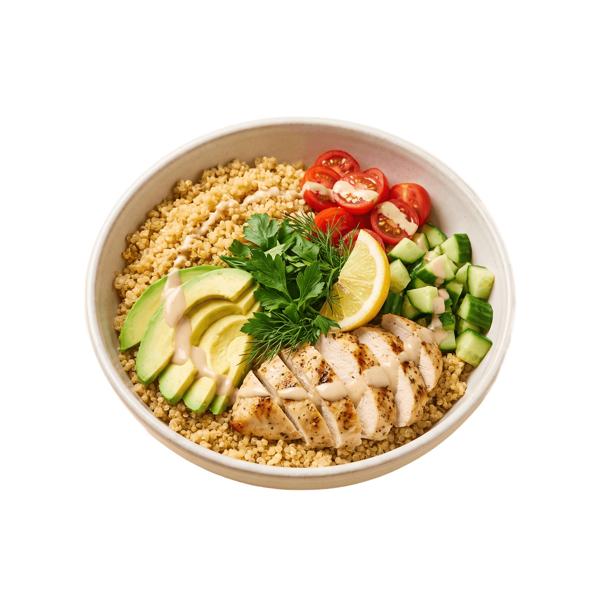 A healthy grain bowl with grilled chicken, avocado and fresh vegetables